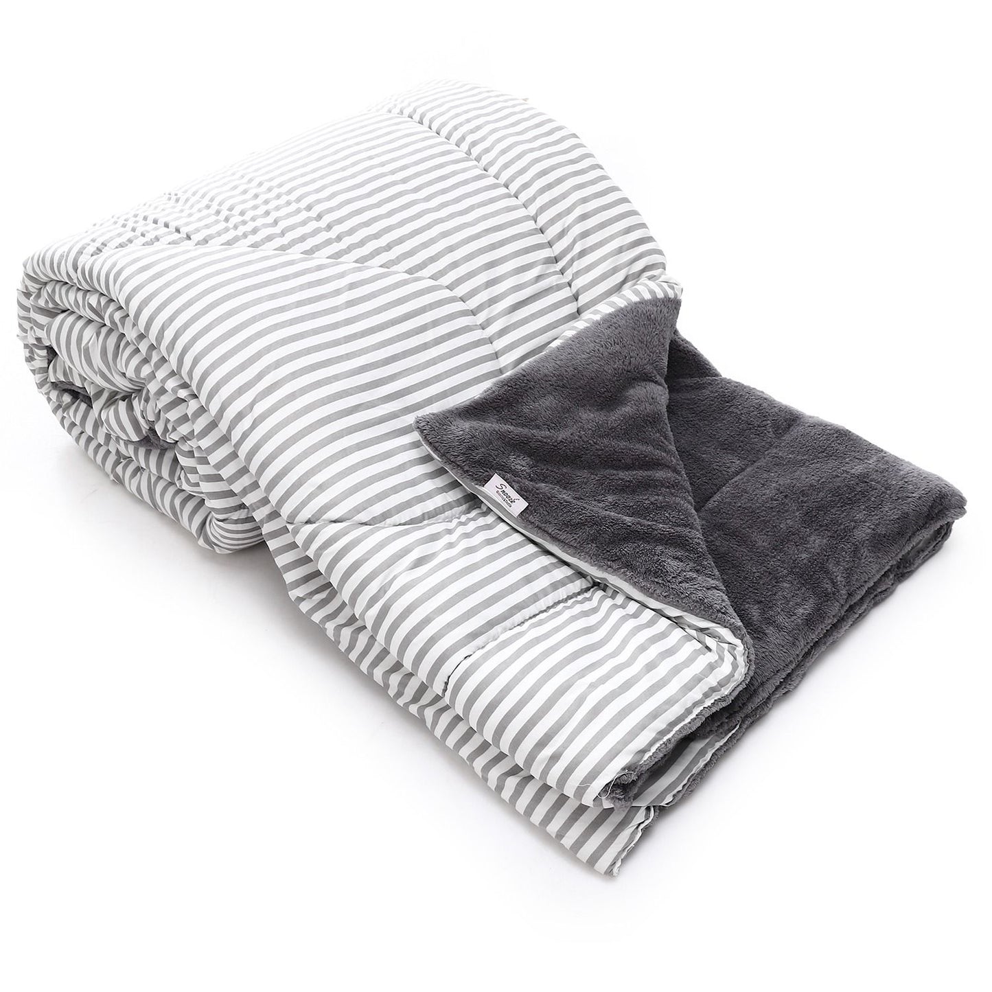 عرض قطعتين لحاف شتوى فرو دبل فيس Gray Striped 220*235 cm + اربع قطع مخدة فايبر 500 gm + طقم ملاية أوف وايت بأستك مع 2 كيس خدادية