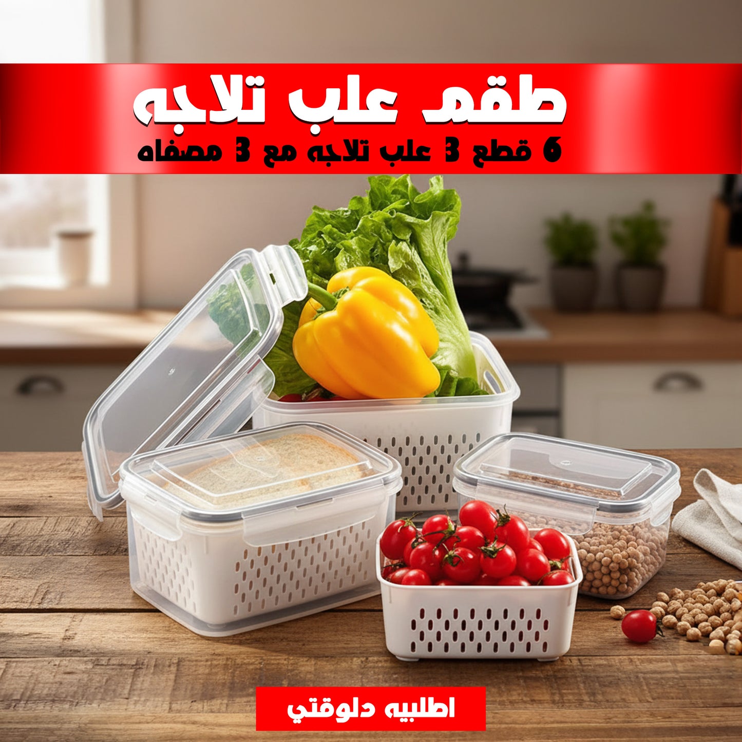 طقم علب تلاجه 6 قطع 3 علب تلاجه مع 3 مصفاه