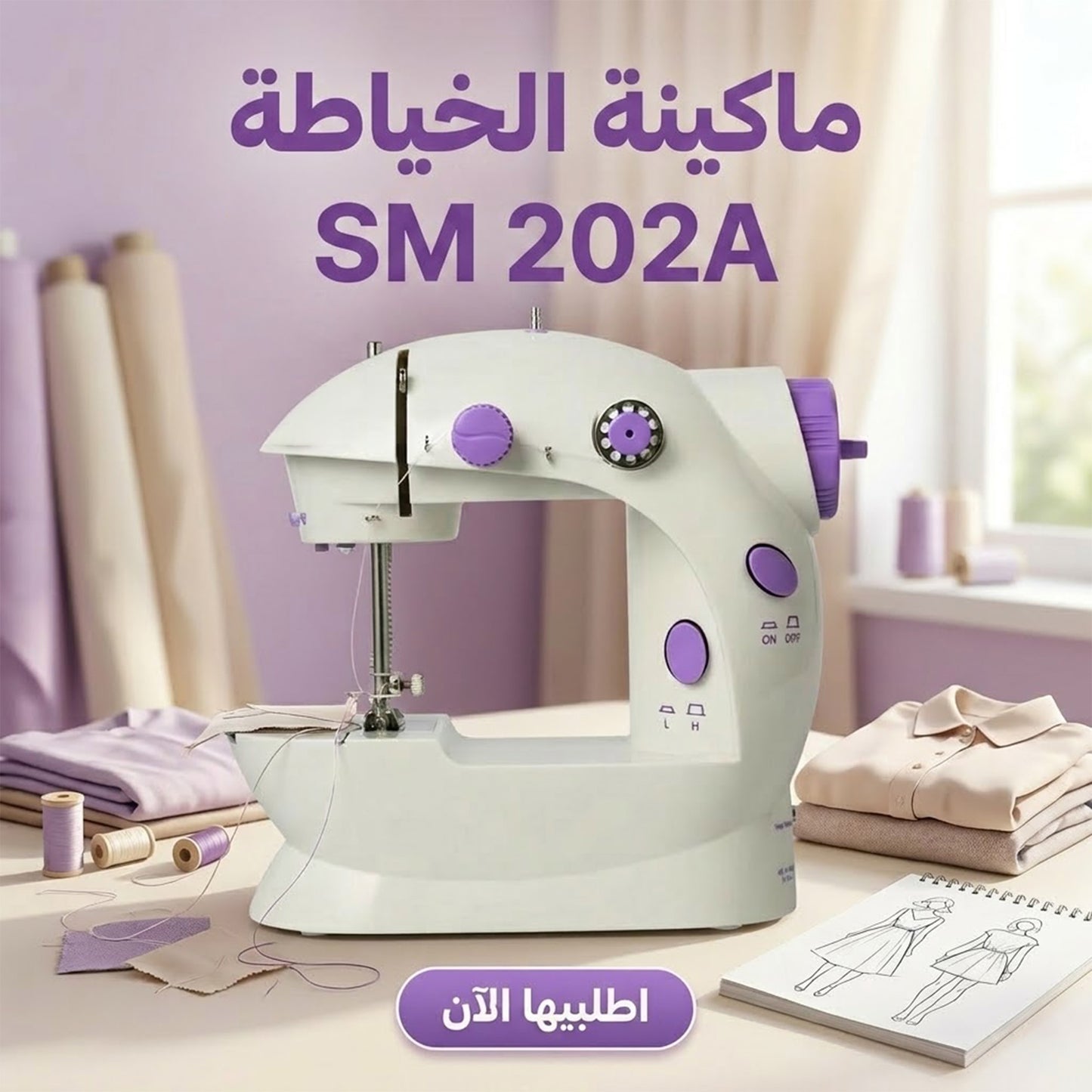 ماكينة SM خياطة كهربائية أوتوماتيكية صغيرة محمولة مزودة بمصباح وقاطع خيوط - سرعتان - تعمل بالبطارية أو محول الطاقة- متعددة الألوان