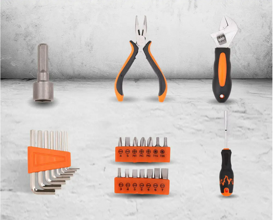 • Screwdriver, bit, and Allen key set, plus a 34-piece adjustable wrench